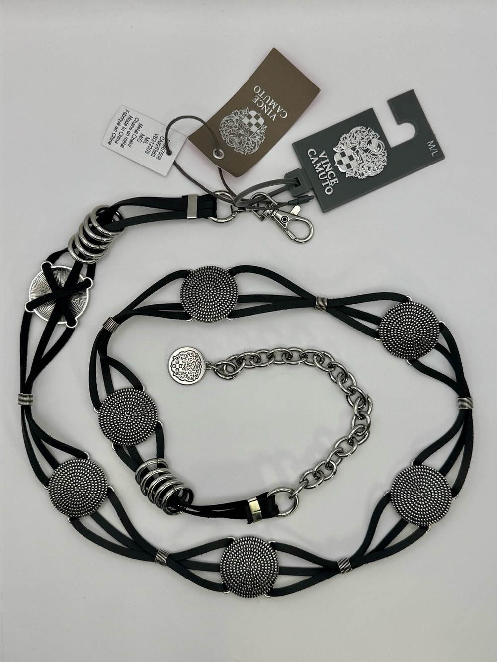 Vince Camuto Black and Silver Braided Leather Cord Chain Belt w/Concho Details